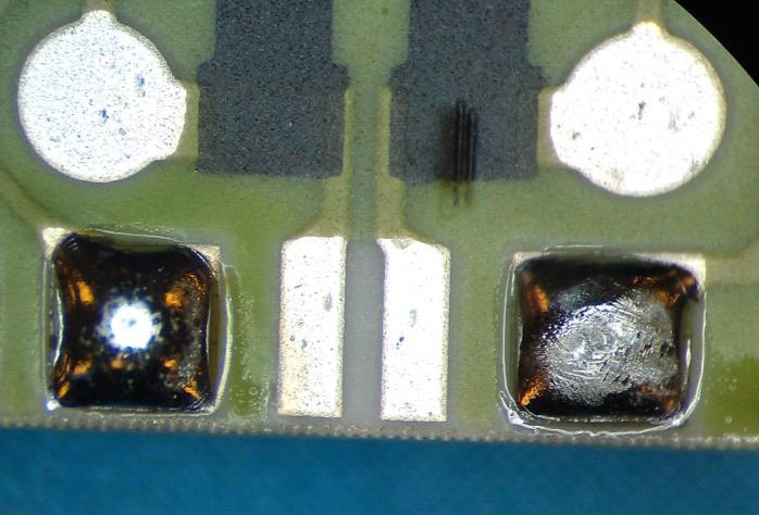 Pb-containing solder joint and a typical finished surface of a Pb-free solder joint