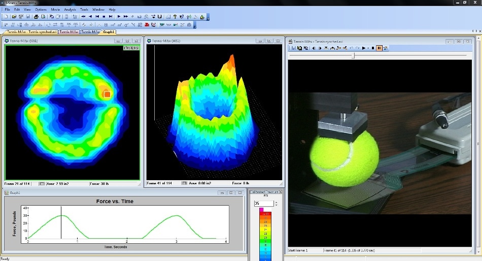 The tactile pressure mapping software includes ways to both view and analyze data and video recording. Those are done in real time. The blue-to-red color spectrum indicates areas of low and high pressure.