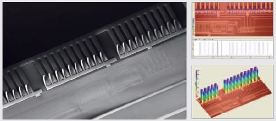 MEMS flow microsensors co-integrated with SOI CMOS circuits: SEM view (on the left), 2-D and 3-D topography profiles (on the right).