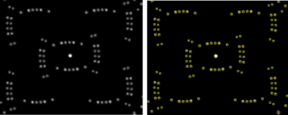 A sample DOE dot pattern before (left) and after analysis (right) using automatic dot detection in Radiant’s TrueTest™ Software. The software measures maximum peak (strongest emitter), maximum peak location (inclination/azimuth), maximum peak averages, maximum peak solid angle, number of pixels as maximum peak point, spot power uniformity (between dots), total flux, and DOE flux, along with dot-by-dot measurements for comprehensive analysis.