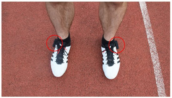 Sprint shoes with IMUs attached to the ankles (red circles).