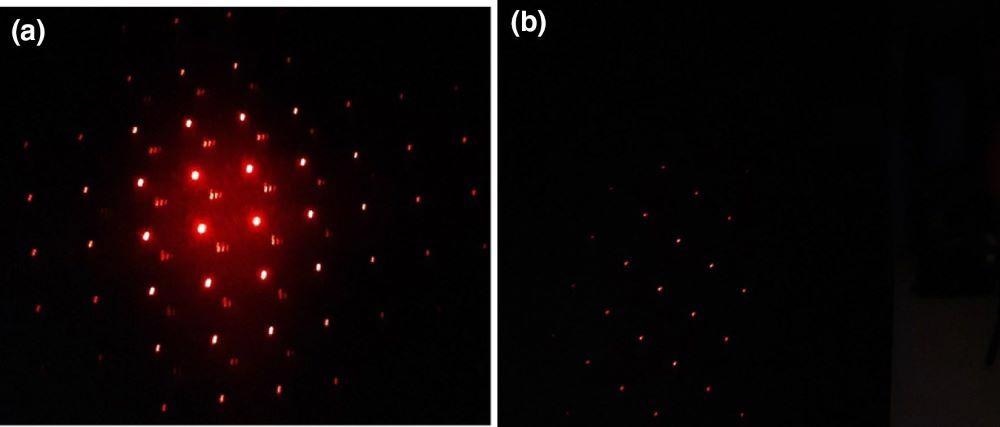 Photos of the permeability of the laser light of the porous Si membrane: blank membrane with the pores of 5 µm (a); membrane pores with silver nanoparticles (b).
