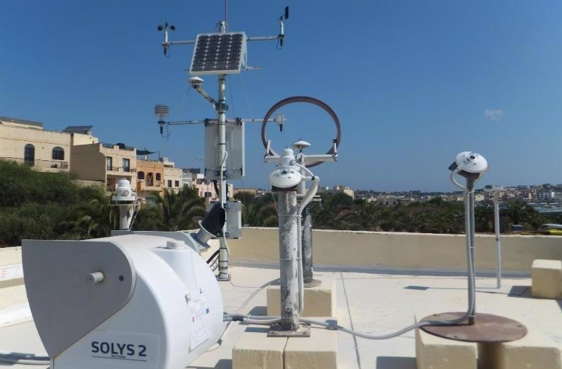 The complete solar and meteorological monitoring station on the roof of the Institute for Sustainable Energy