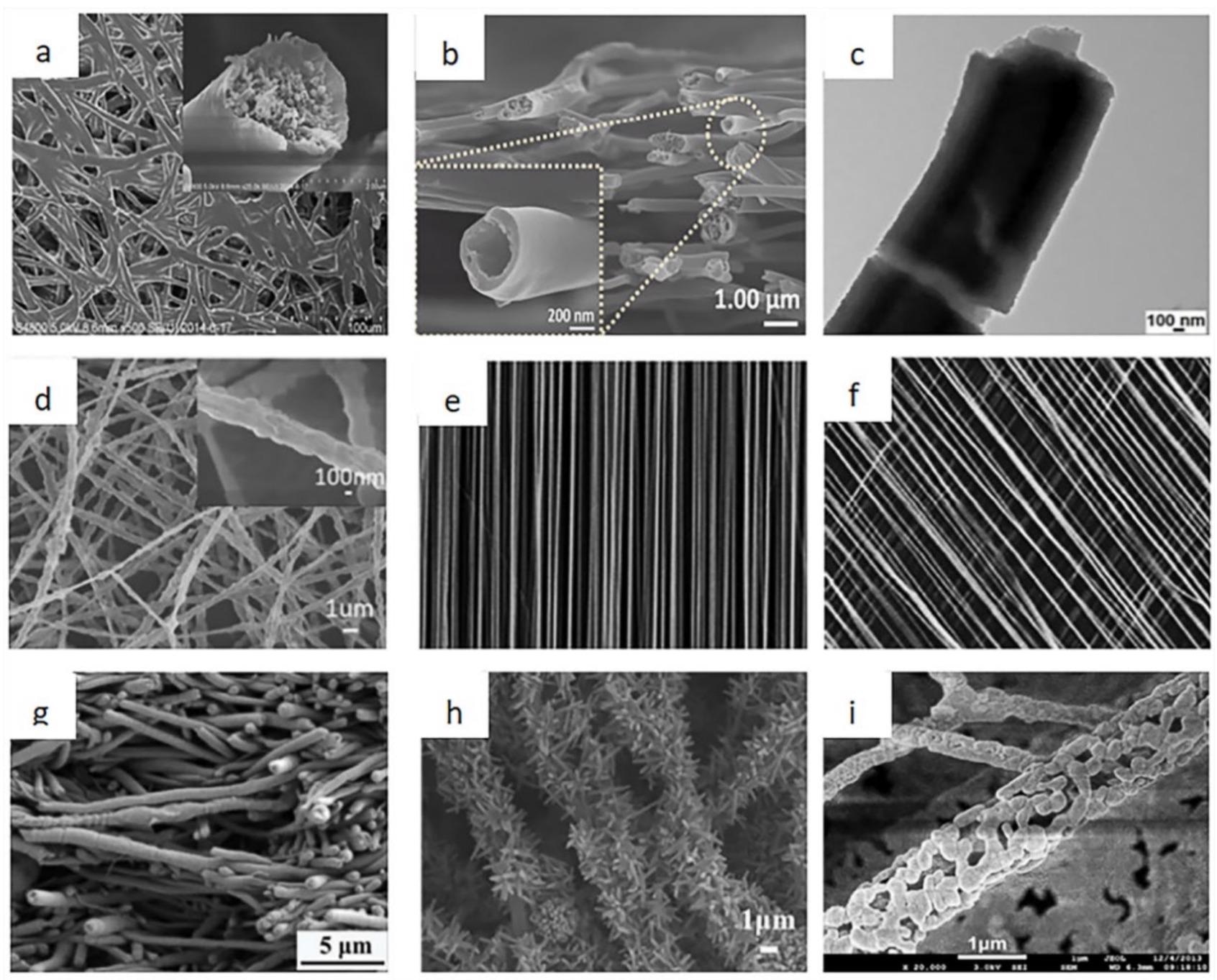 The different morphologies of the electrospun nanofibers. (a) Cobweb nanofiber; (b) hollow nanofiber; (c) core-shell nanofibers; (d) randomly distributed nanofibers; (e) aligned nanofibers; (f) patterned nanofibers; (g) composite nanofiber; (h) pine needle nanofibers; (i) hollowed-out nanofibers.
