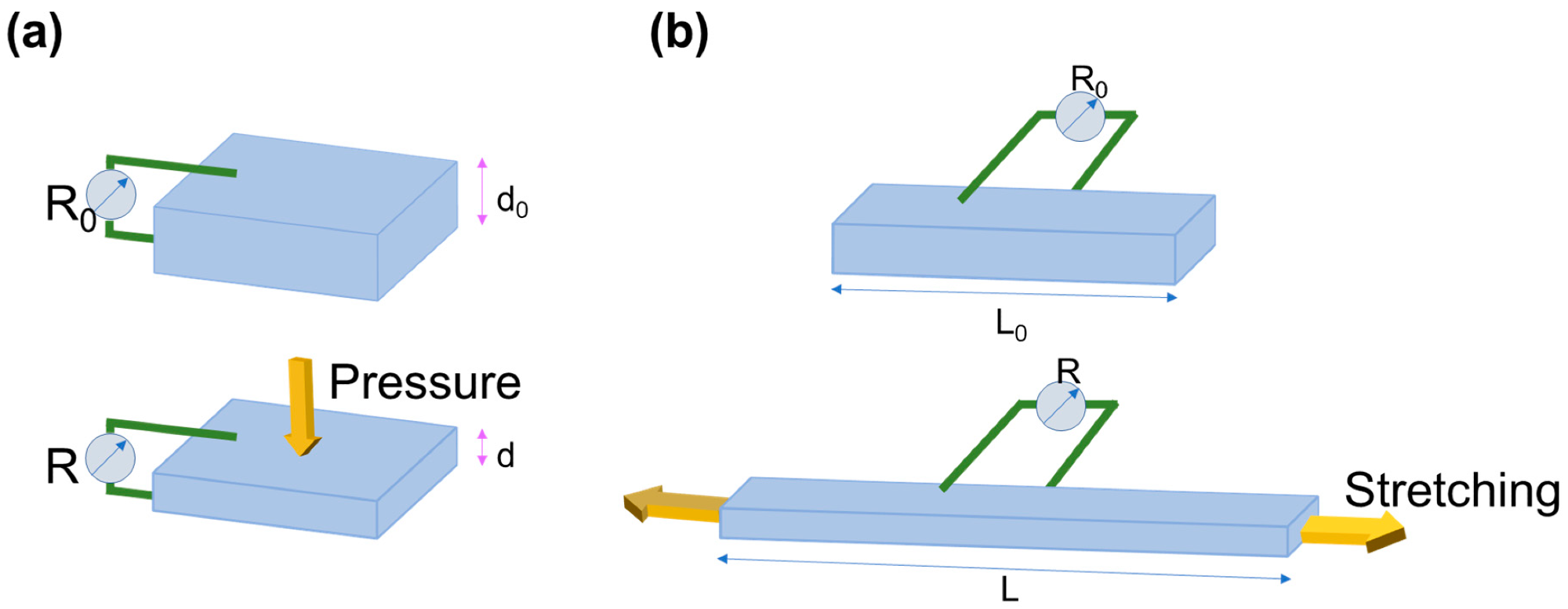 Schematic demonstration of working mechanism of (a) pressure sensor and (b) strain sensor.