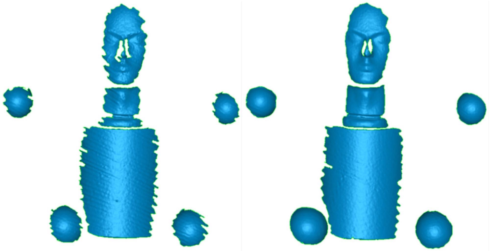 3D measurement results of the reconstruction of the air measurement with sensor velocity of 0.2 m/s without motion compensation (left) and with motion compensation (right). Note the higher completeness at the margins of the objects with motion compensation.