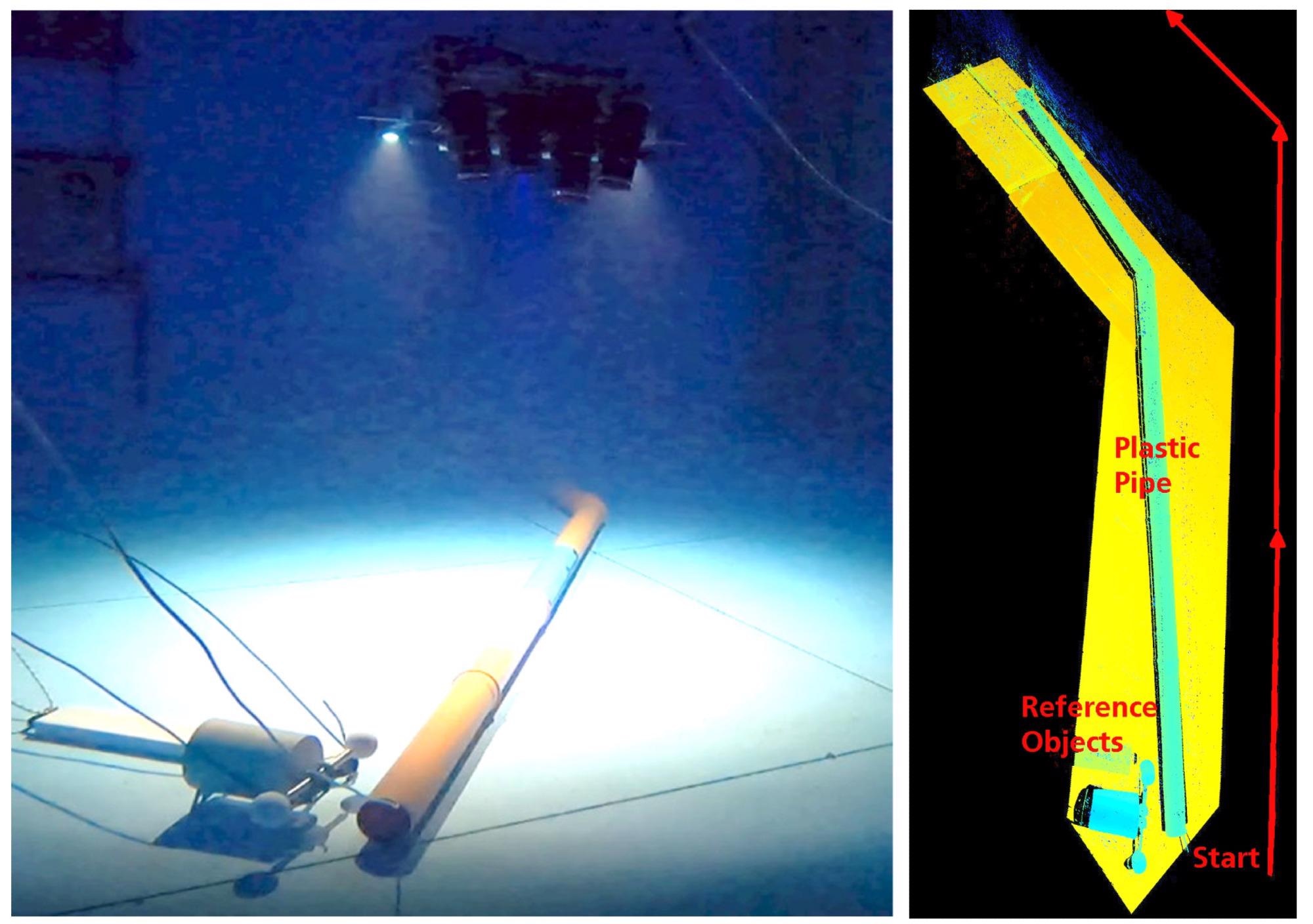Photograph of the sensor, pipe, and specimen (left) and false-color representation of the modeling result after merging of the continuously recorded 3D data sets (right).