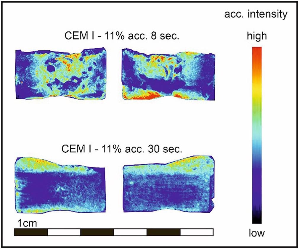 Epifluorescence photographs of CEM I paste samples, produced with 11% accelerator after 8 and 30 seconds of mixing. Fluorescein-Na was added to the accelerator as tracer material.