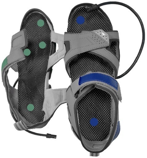 Smart show for AI-driven neuroprosthesis. The location of the force sensor inside the sole of the shoe is indicated by green and blue dots.