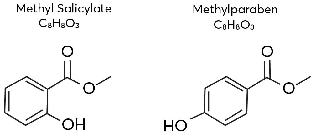 The isomeric structures of methyl salicylate and methylparaben.