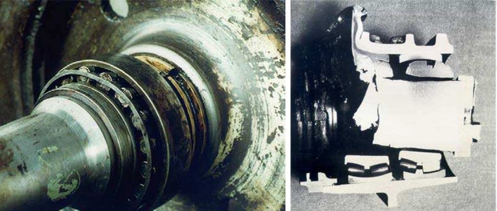 Left: Tapered roller bearing mounted on a railway wheel set. The cage was hit directly during mounting, resulting in permanent deformation. Right: Remains of a failed axle box (cut), as presented for the failure analysis. The outer ring of the inboard bearing was severely deformed. Based on the level of deformation, the metal reached a temperature well over 800 °C (1 470 °F).