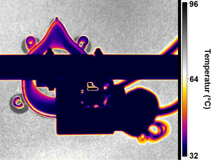 Thermal image during the printing of a mask holder. The cooling behavior of the filament in the uppermost layer behind the print head (black in the image) provides information about the print quality. Printing direction is counterclockwise.