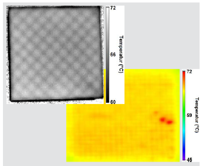Thermal images from inspection using active thermography: Check of the infill through the top layers (top) and detection of delamination (red) in 3D-printed component (bottom).