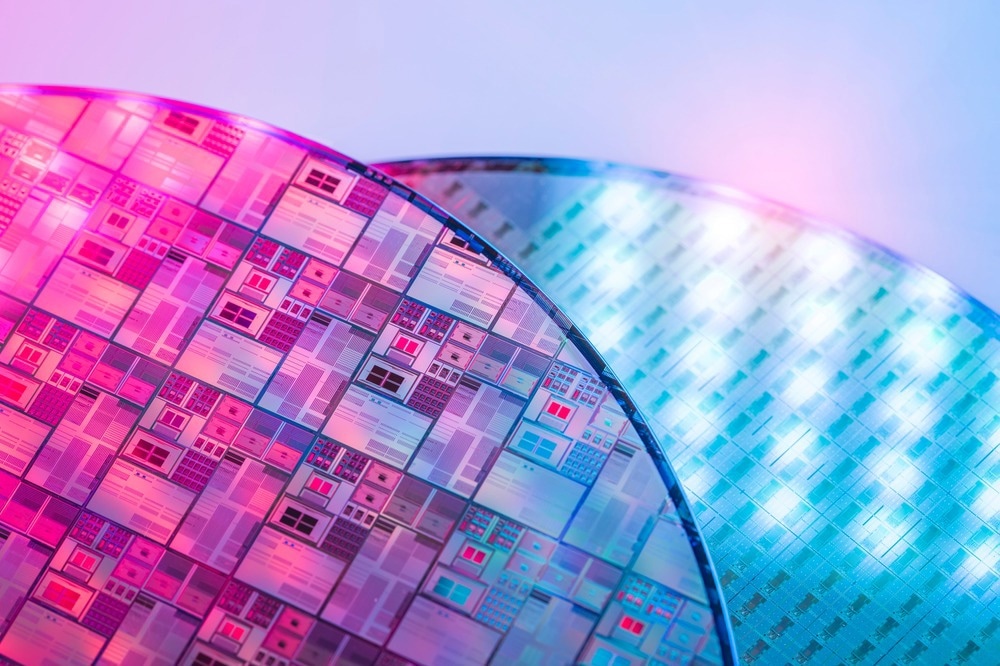 silicon wafer with microchips reflecting different colors.