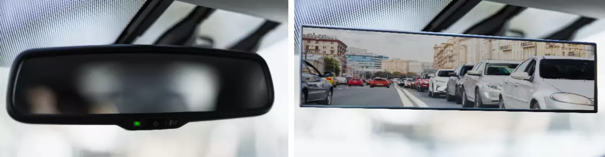 Example of a traditional rear-view mirror (left) and a CMS display mirror (right).
