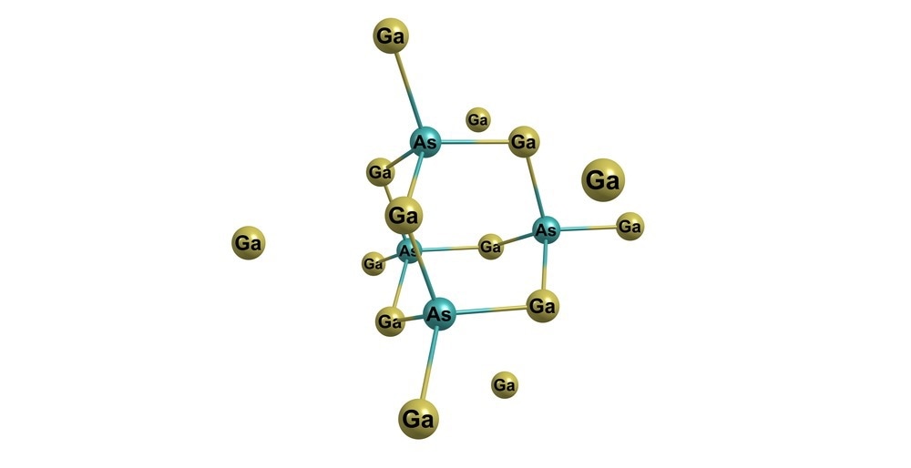 Gallium arsenide - GaAs - is a compound of the elements gallium and arsenic. It is a bandgap semiconductor with a zinc blende crystal structure. 3d illustration