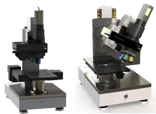 Left: Zeta Instruments’ Zeta-20 3D Optical Profiler; Right: The modified Zeta-20, with tilt-head, originally built for Dr. Rebecca Kramer’s Faboratory at Purdue University, and now a standard option available to customers.