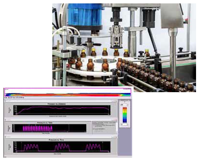 Pressure mapping output of impacts as bottles and containers advance through a fill line operation.