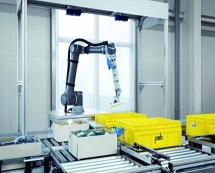 The robot picks up unknown products from bulk material and places them in the target container